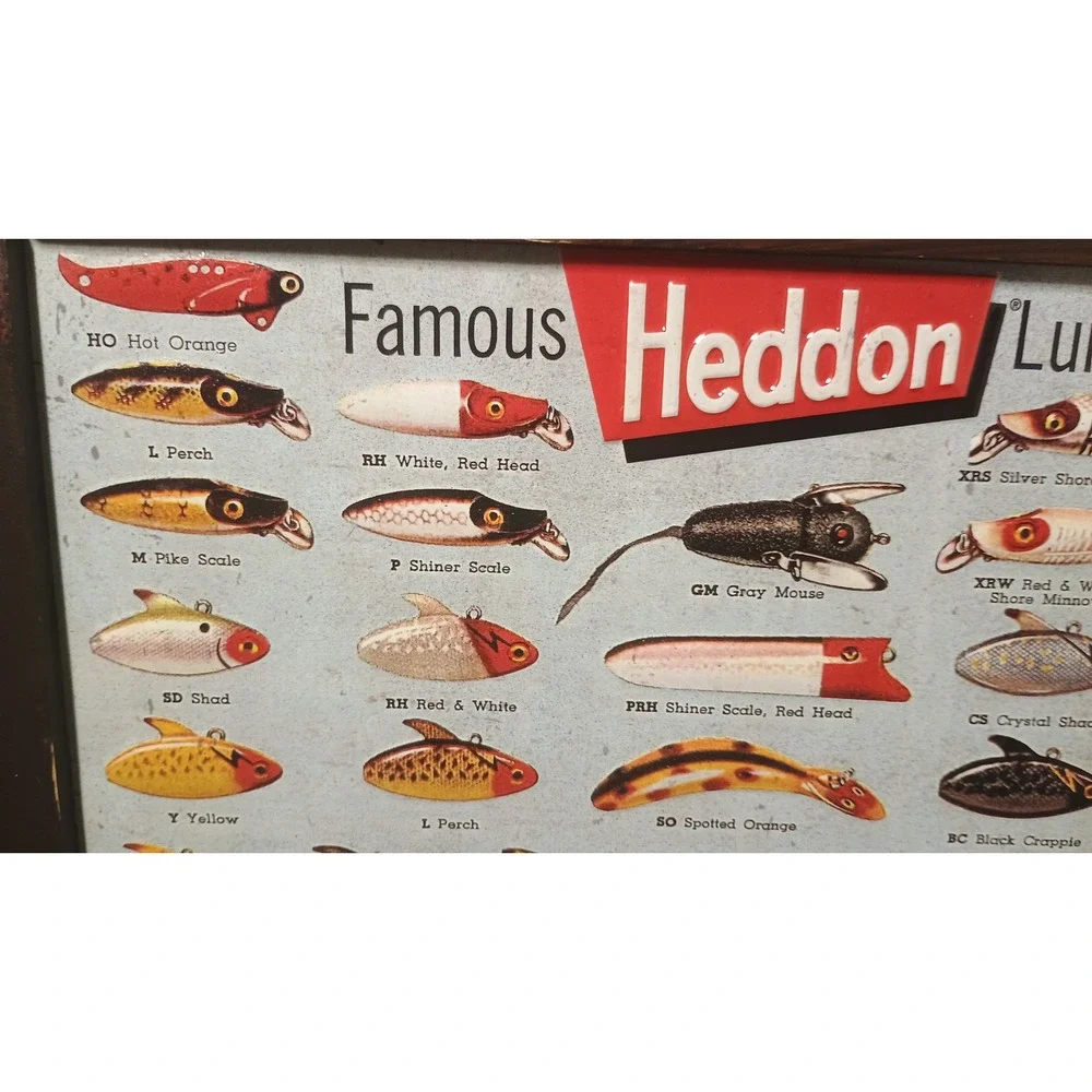 Heddon Lures Metal Wall Decor 17x13.5 Brown Excellent Framed Tin Art 1129857